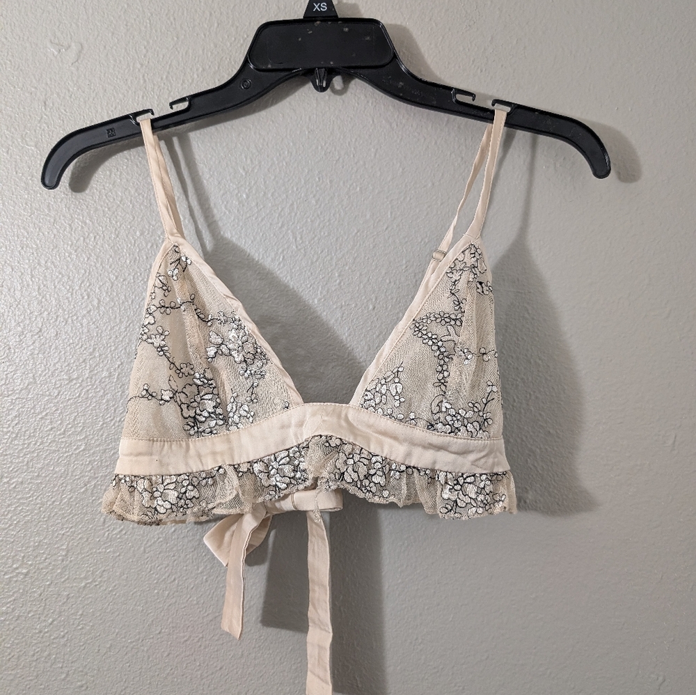 HOUSE OF THREE Lacy Floral Tie-Back Bralette, Size 8 Lace Trim Cream Bralette